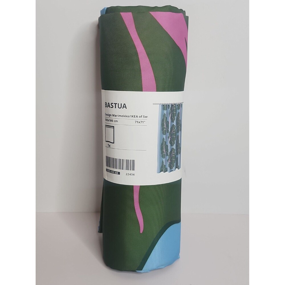 New 2023 Marimekko IKEA Rhubarb Bastua Leaves Shower Curtain Icy Blue Pink Green